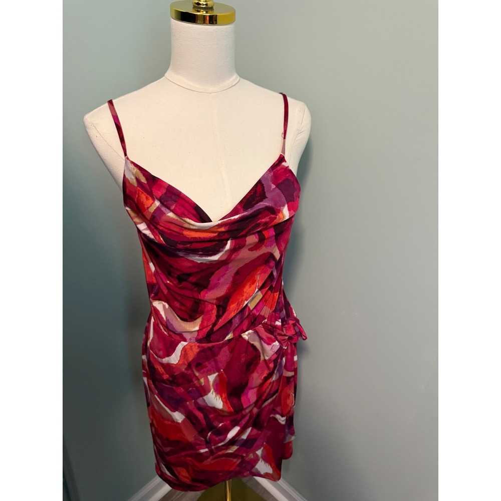 Veronica M Abstract Pink Red Swirl Cowl Neck Mini Dress Side Knot XS